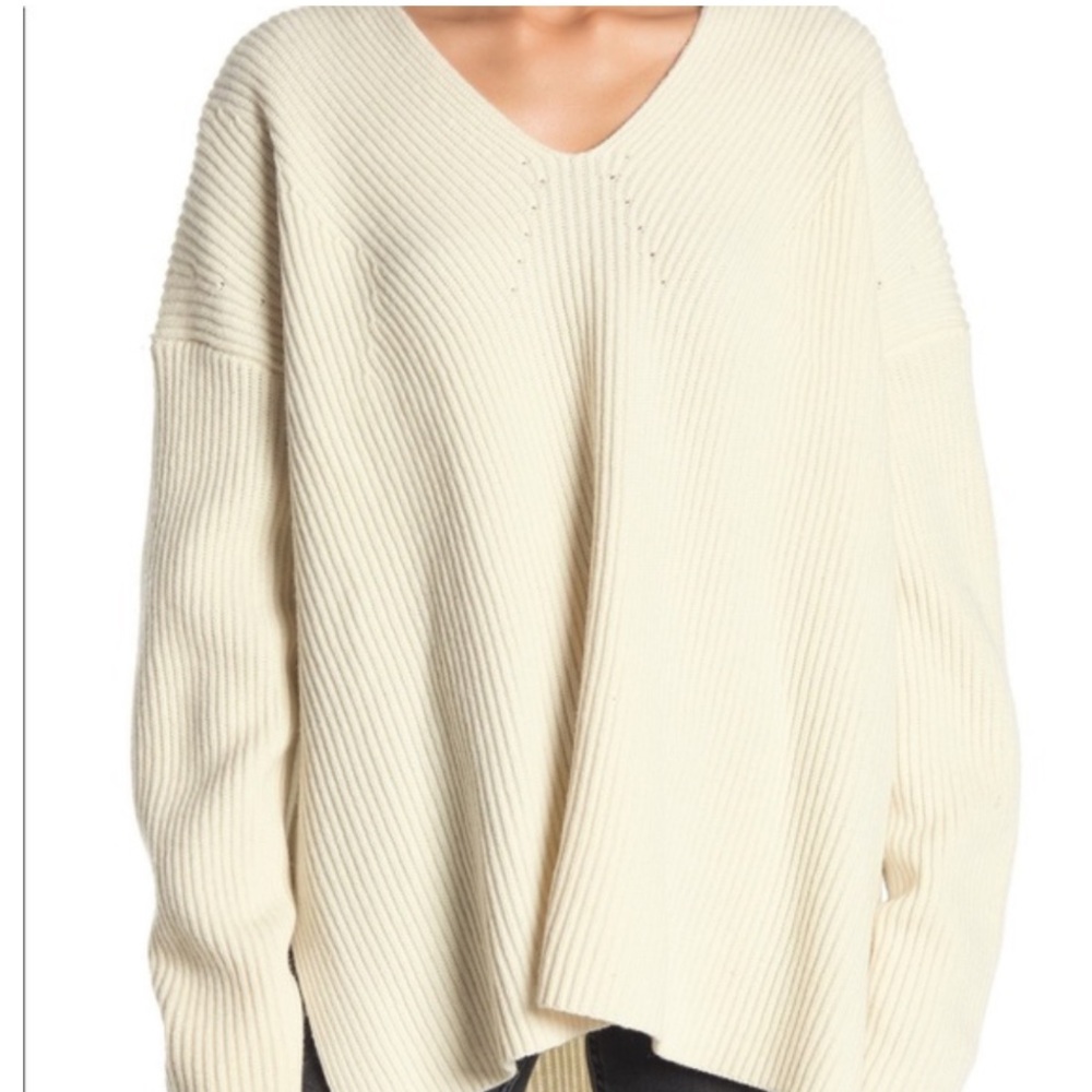 All Saints Cream V-Neck ribbed knit wool blend Sweater